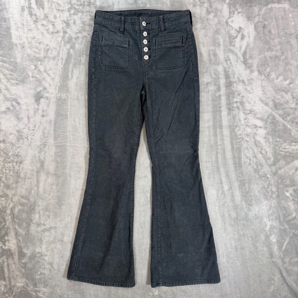 American Eagle Super Hi-Rise Flare Corduroy Pants Womens Size 4 Gray Button Fly